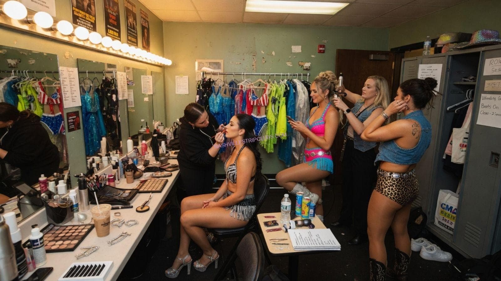 Performers getting ready backstage in a Nashville dressing room with makeup and costumes