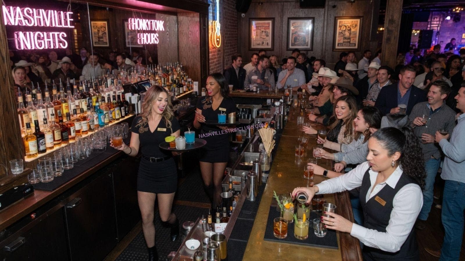 Bartender and staff working in a lively Nashville nightlife bar setting